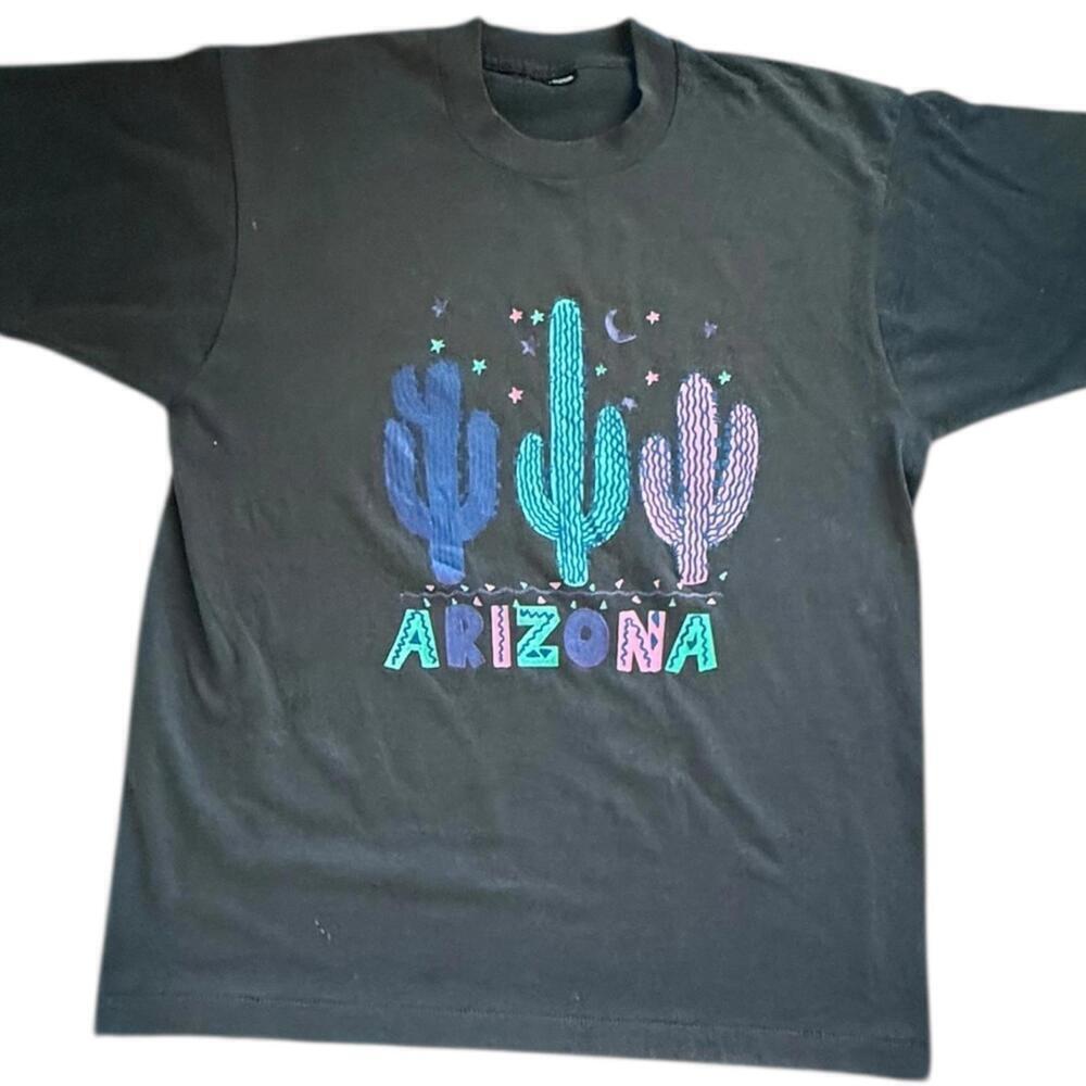 Arizona Cactus Graphic Tee Black Single Stitch 90s Desert Art Shirt Size L Vtg.